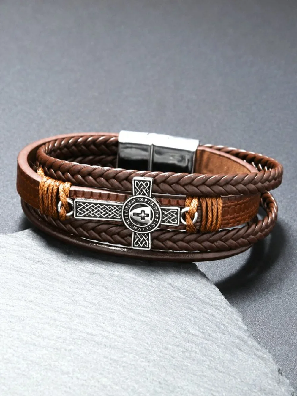 Brown Braided Leather Cross Bracelet Celtic Stainless Steel Magnetic Unisex